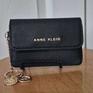 Anne Klein Black Faux Leather Flap Card Case Wallet With Gold Toned Hardware